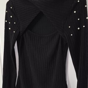 Cupshe Black Off-the-Shoulder Sweater with Pearl Details